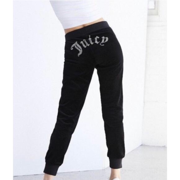 Y2K Gothic Crystal Juicy Couture Black Label Velour Track Pants Rhinestones S